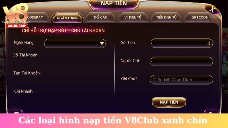 Các loại hình nạp tiền V8Club xanh chín