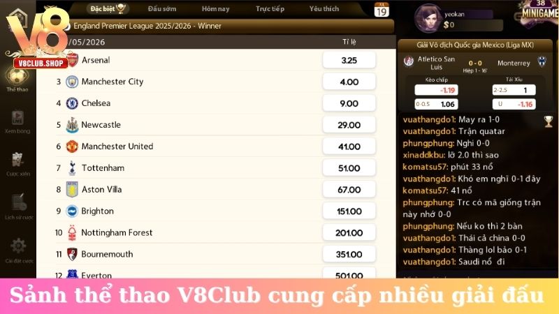 Sảnh thể thao V8Club cung cấp nhiều giải đấu